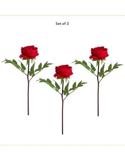 Nearly Natural Set Of Three 20in Artificial Peony Flower Stems In Red