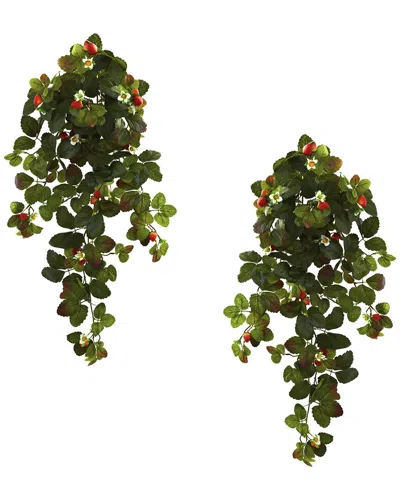 Nearly Natural Set Of Two 31in Strawberry Hanging Bushes With Berry In Green