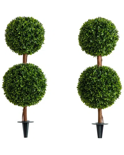 Nearly Natural Set Of Two 3ft Indoor/outdoor Uv-resistant Artificial Double Ball Boxwood Topiaries W In Green