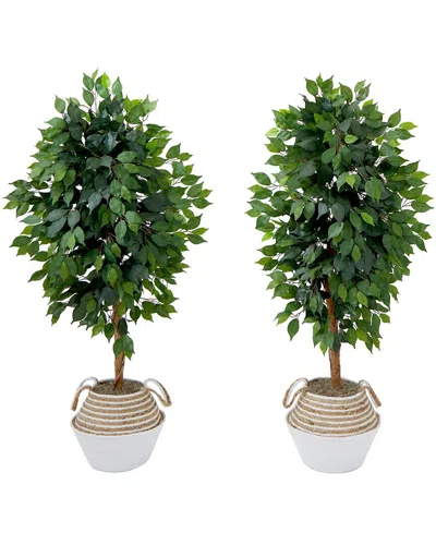 Nearly Natural Set Of Two 4.5ft Artificial Ficus Trees With Double Trunk In Handmade Basket Diy Kit In Green