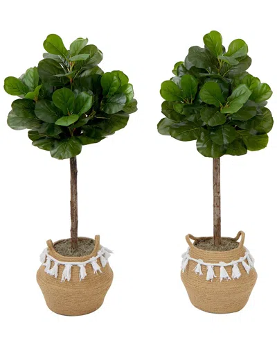Nearly Natural Set Of Two 4ft Artificial Fiddle Leaf Fig Trees With Handmade Tassel Basket Diy Kit In Green