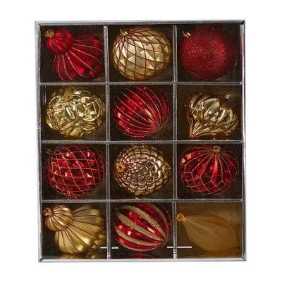 Nearly Natural Set Of 12 Luxe Shatterproof Christmas Tree Ornaments In Red