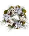 Nearly Natural Silver Poinsettia, Hydrangea And Pinecones Artificial Christmas Wreath In Silver