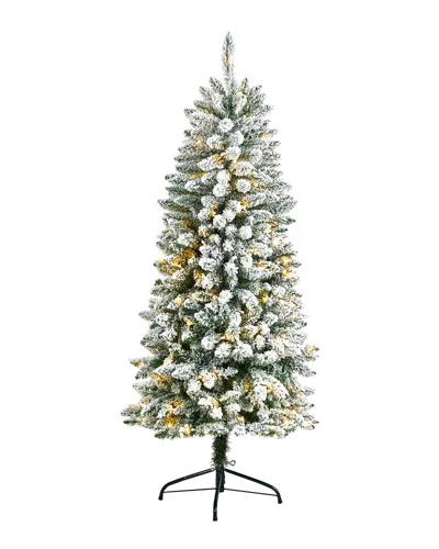 Nearly Natural Slim Flocked Montreal Fir Artificial Christmas Tree With Led Lights & Bendable Branch In Green