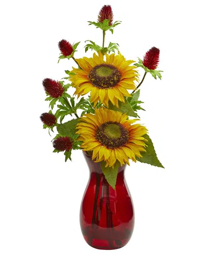 Nearly Natural Sunflower & Thistle Artificial Arrangement In Red Vase In Multi