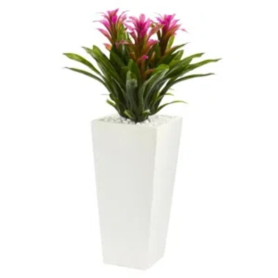Nearly Natural Triple Bromeliad Artificial Plant In White Tower Planter In Purple