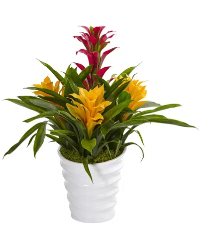 Nearly Natural Tropical Bromeliad Artificial Plant In White Swirl Vase In Green