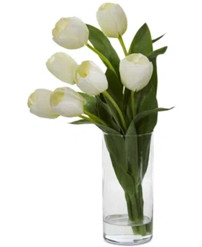 Nearly Natural Tulip Artificial Arrangement In Cylinder Vase In White