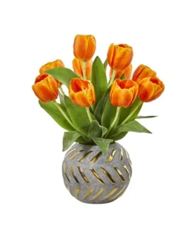 Nearly Natural Tulip Artificial Arrangement In Decorative Vase In Orange