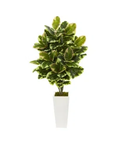 Nearly Natural Variegated Rubber Leaf Artificial Plant In White Tower Vase In Green