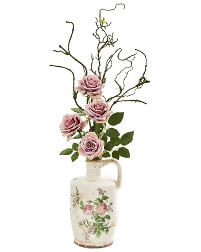 Nearly Natural Vintage Rose Artificial Arrangement In Floral Design Pitcher In Pink