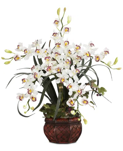 Nearly Natural White Cymbidium Artificial Arrangement With Decorative Vase