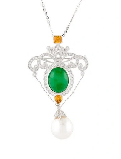 Pre-owned Necklace 10.64ct Dyed Jadeite, Sapphire, Pearl, & Diamond Convertible Brooch Pendant  In Multi