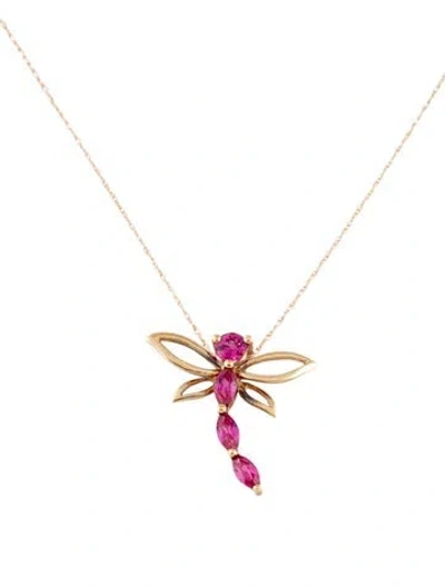 Pre-owned Necklace 10k Synthetic Ruby Dragonfly Pendant , 19" In Multi