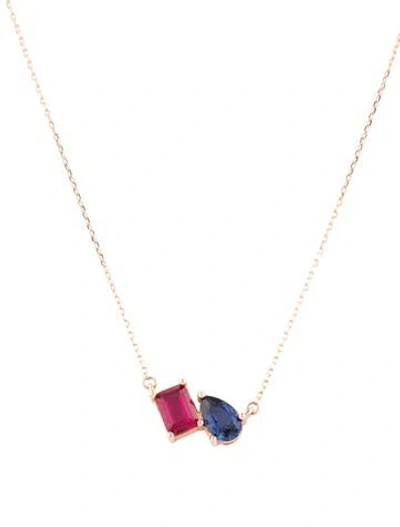 Pre-owned Necklace 14k 1.05ct Synthetic Ruby & Synthetic Sapphire Toi Et Moi Pendant , 17.5" In Multi