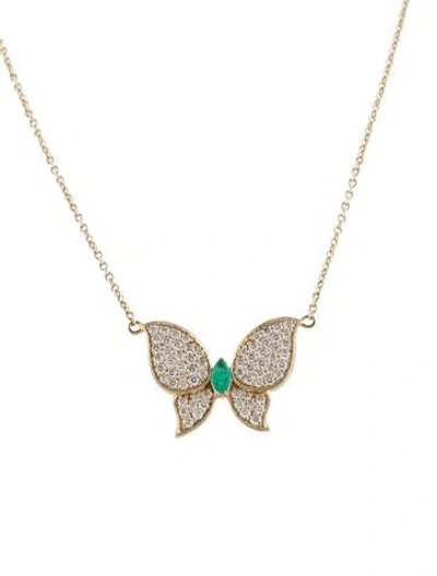 Pre-owned Necklace 14k 1.06ctw Diamond & Emerald Butterfly Pendant , 18" In Multi