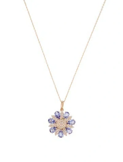 Pre-owned Necklace 14k 1.19ct Tanzanite & Sapphire Floral Pendant , 18" In Multi