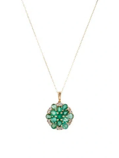 Pre-owned Necklace 14k 1.22ctw Emerald & Sapphire Flower Round Pendant , 17.75" In Multi