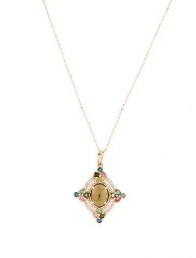 Pre-owned Necklace 14k 1.28ct Tourmaline & Sapphire Pendant , 17.75" In Multi