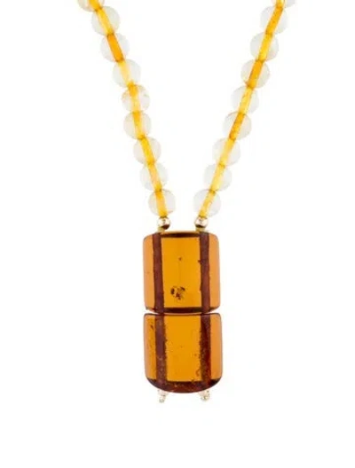 Pre-owned Necklace 14k Amber & Quartz Bead Pendant , 18" In Multi