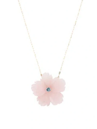 Pre-owned Necklace 14k Aquamarine & Rose Quartz Flower Pendant , 18.75" In Multi