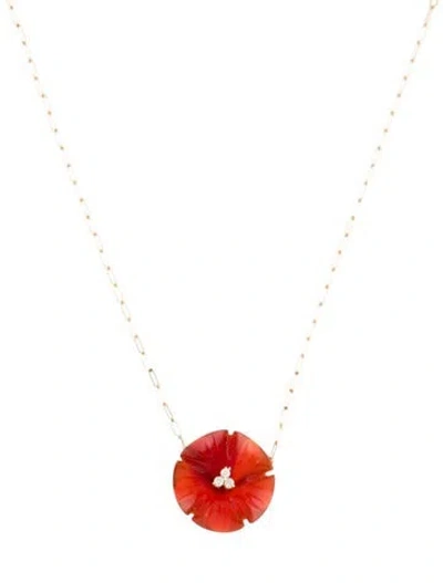 Pre-owned Necklace 14k Carnelian & Diamond Flower Pendant , 18" In Multi