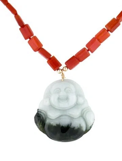 Pre-owned Necklace 14k Carnelian Bead & Jadeite Happy Buddha Choker , 14" In Multi