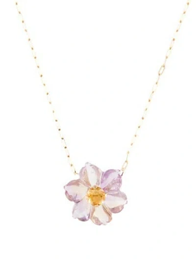 Pre-owned Necklace 14k Citrine & Amethyst Flower Pendant , 18" In Multi