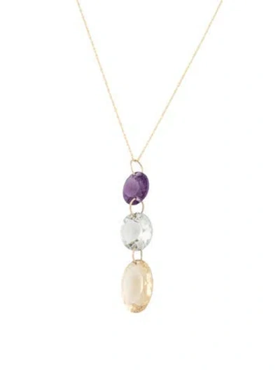 Pre-owned Necklace 14k Citrine, Prasiolite & Amethyst Pendant , 18" In Multi
