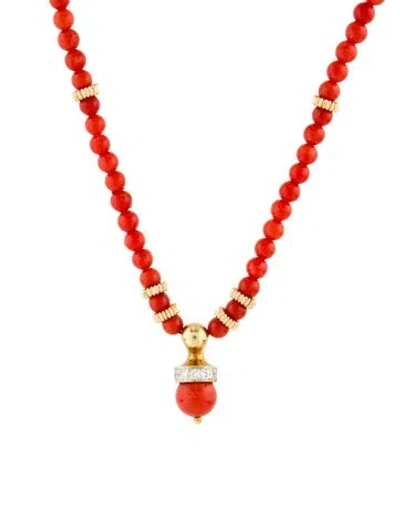 Pre-owned Necklace 14k Coral & Diamond Pendant , 18" In Multi