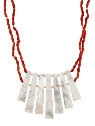Pre-owned Necklace 14k Coral & Mother Of Pearl Collar Bead , 19" In Multi
