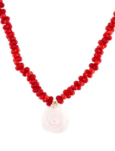 Pre-owned Necklace 14k Coral & Shell Bead Pendant , 17" In Multi