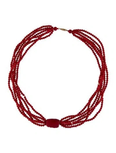 Pre-owned Necklace 14k Coral Multistrand Bead , 18" In Red
