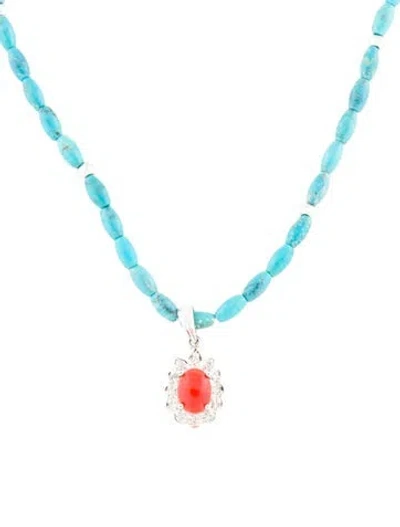 Pre-owned Necklace 14k Coral,turquoise & Diamond Bead Pendant , 17" In Multi