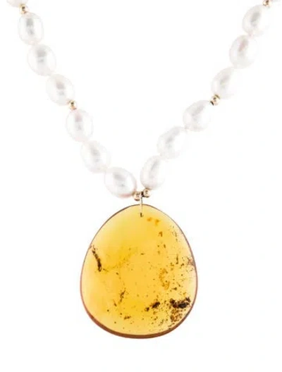 Pre-owned Necklace 14k Cultured Pearl & Amber Pendant , 18" In Multi