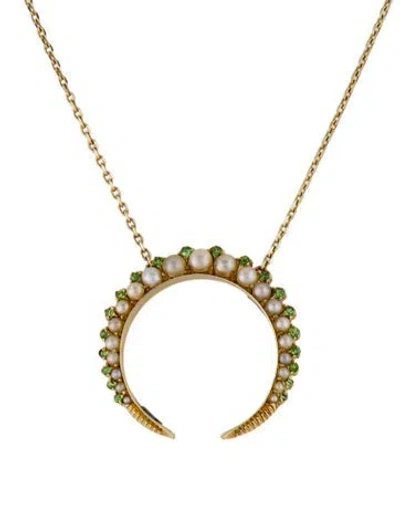 Pre-owned Necklace 14k Cultured Pearl & Demantoid Garnet Crescent Moon Pendant , 18" In Multi