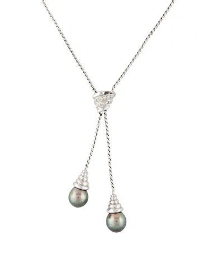 Pre-owned Necklace 14k Cultured Pearl & Diamond Double Drop , 17" In Multi