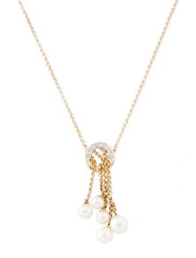Pre-owned Necklace 14k Cultured Pearl & Diamond Tassel Pendant , 17" In Multi
