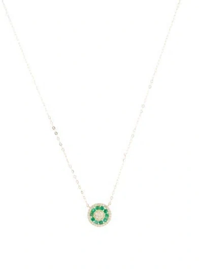 Pre-owned Necklace 14k Diamond & Emerald Halo Pendant , 18.25" In Multi
