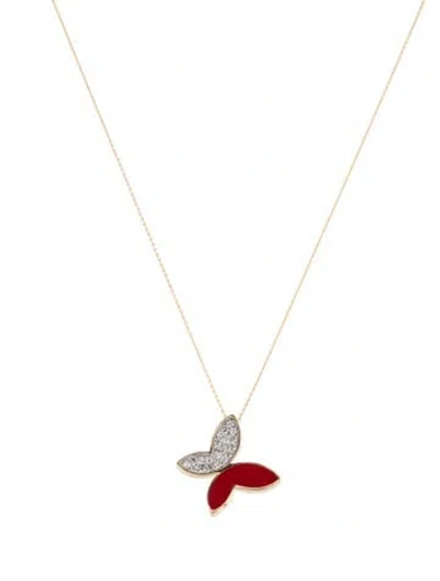 Pre-owned Necklace 14k Diamond & Enamel Butterfly Pendant , 18" In Red