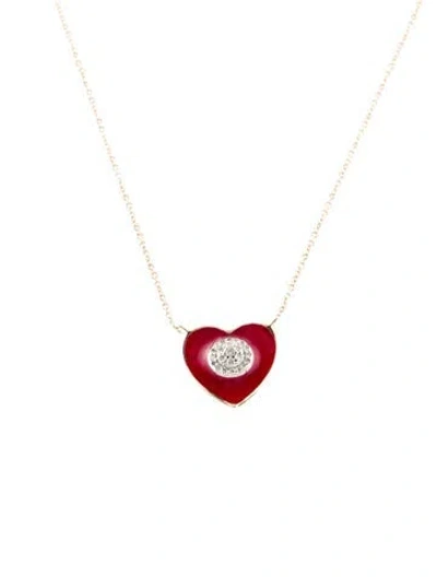 Pre-owned Necklace 14k Diamond & Enamel Heart Pendant , 18" In Red