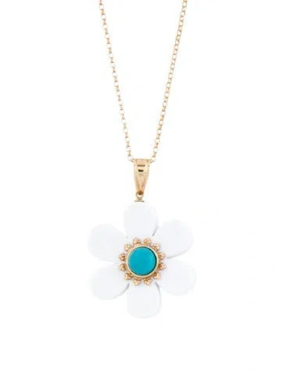Pre-owned Necklace 14k Dyed Chalcedony & Turquoise Flower Pendant , 36" In Multi