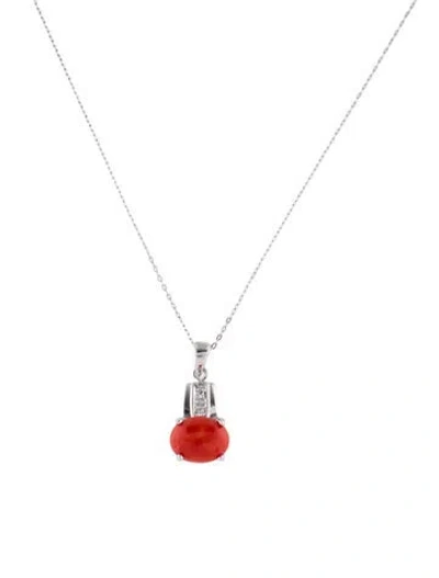 Pre-owned Necklace 14k Dyed Coral & Diamond Pendant , 15.75" In Multi