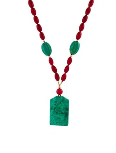 Pre-owned Necklace 14k Dyed Coral & Dyed Magnesite Carved Bead , 20" In Multi