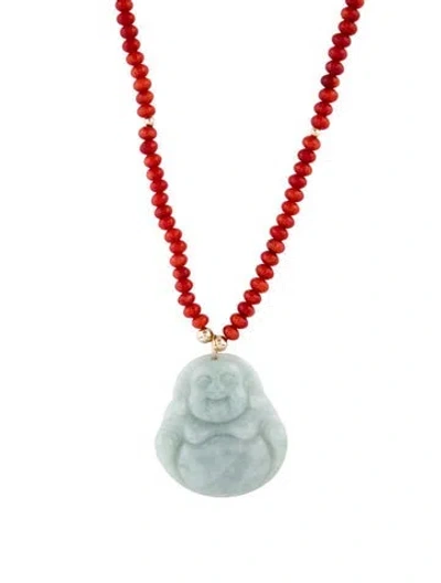 Pre-owned Necklace 14k Dyed Coral & Jadeite Buddha Bead Pendant , 32.5" In Multi