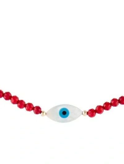 Pre-owned Necklace 14k Dyed Coral & Mother Of Pearl Evil Eye Bead Strand , 18.5" In Multi