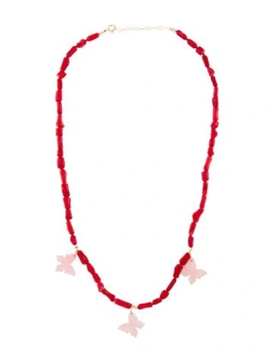 Pre-owned Necklace 14k Dyed Coral & Rose Quartz Bead Strand , 19.25" In Red