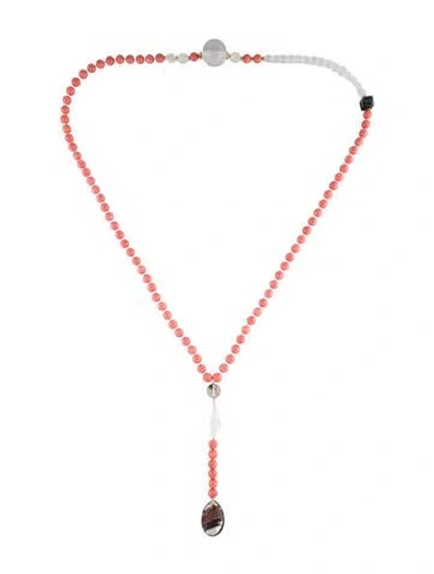 Pre-owned Necklace 14k Dyed Coral, Quartz,seraphinite & Glass Beaded , 37.5" In Multi