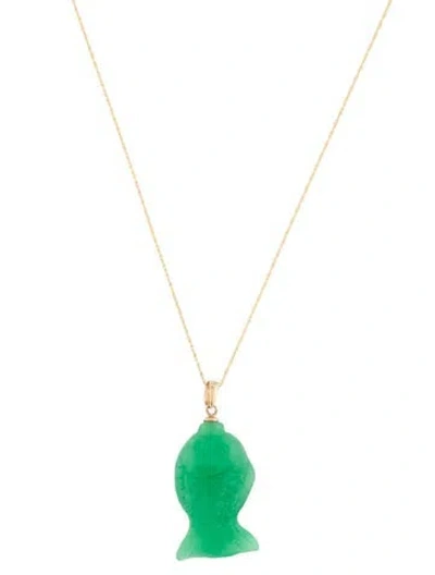Pre-owned Necklace 14k Dyed Jadeite Fish Pendant , 18" In Multi