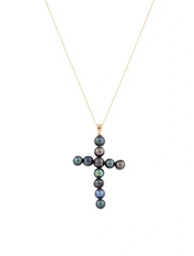 Pre-owned Necklace 14k Dyed Pearl Cross Pendant , 18" In Multi